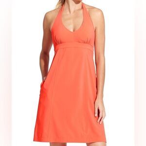 Athleta 8/Medium ‘Pack Everywhere’ Halter Tie Dress Coral Orange Pockets Outdoor